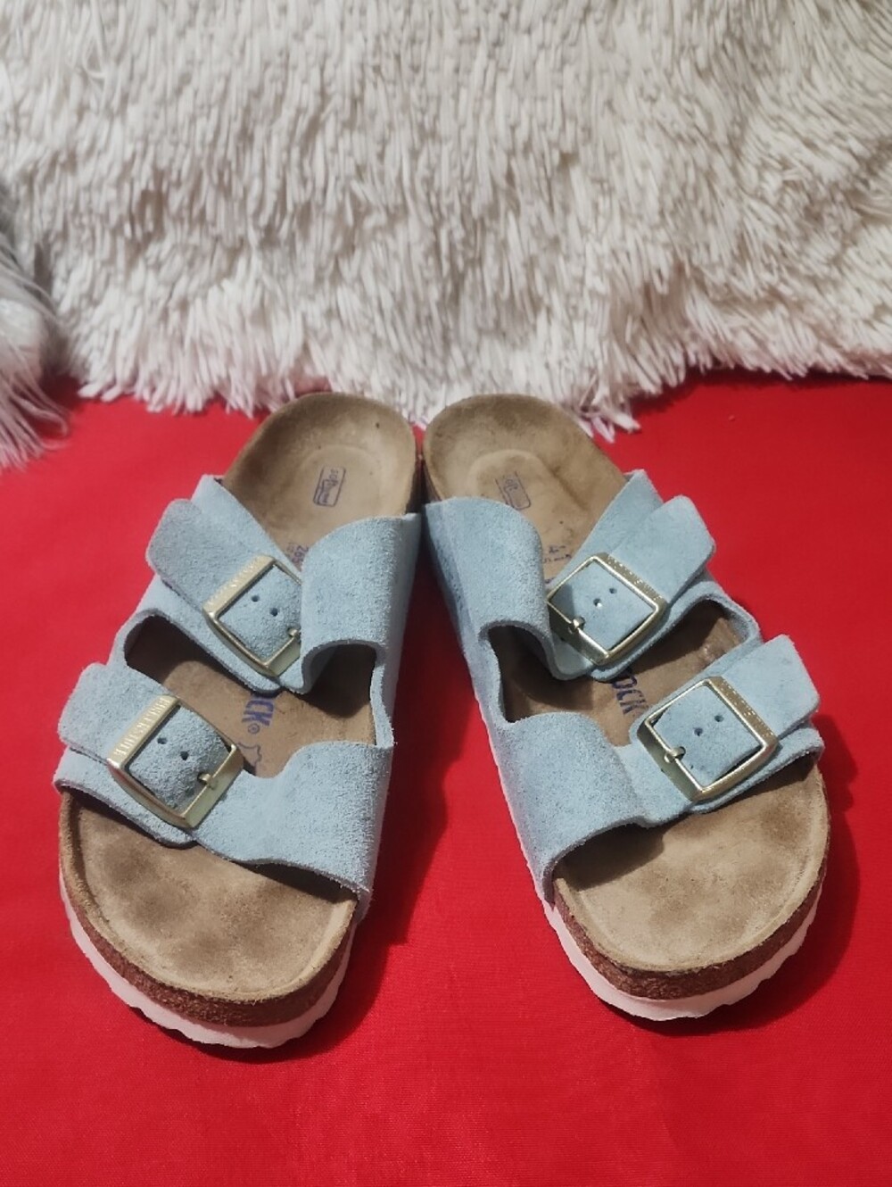 Birkenstock Light Blue Suede Arizona Sandals with Silver Buckles